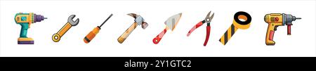 Colorful Illustration of Hand Tools Including Drill, Wrench, Screwdriver, Hammer, Trowel, Pliers, Tape on a White Background. Concept of DIY, Home Imp Stock Vector