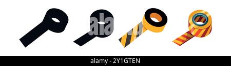 Illustration set of different construction tapes in various designs and colors. Concept of industrial tools, safety markings, and construction site eq Stock Vector