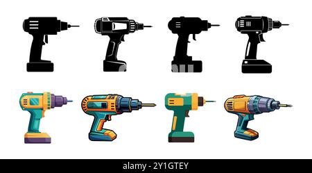Set of electric hand drills in various styles. Colorful illustrations and black silhouettes. Concept of power tools, construction equipment, tools, in Stock Vector