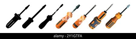 Evolution of Screwdrivers Isolated on a White Background. Concept of Hand Tools, Engineering, Industrial Design, and Work Tools. Illustration, Design Stock Vector