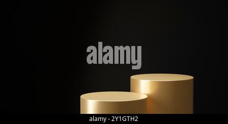 Luxury golden product podium stand with spotlight on black background. Mockup promo template for premium brand display platform. 3d render Stock Photo