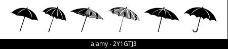 Set of black silhouette umbrellas isolated on a white background. Concept of rainy weather, umbrella illustration, protection, minimalist style. Print Stock Vector