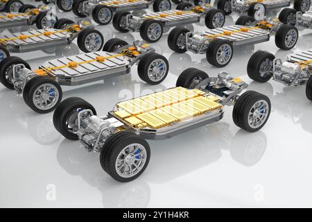 3d rendering golden electric vehicle battery or pack of lithium-ion pouch cells module with undercarriage Stock Photo