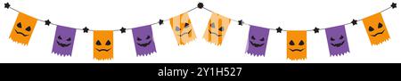 Halloween party decoration garland with bats, pumpkins, witch hat. Cute Jack O Lantern Evil Pumpkin Garland for Halloween. Simple banner hanging party Stock Vector