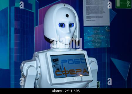 Humanoid robot at the robot exhibition. Artificial intelligence, robotic toy. Saint Petersburg, Russia - June 14, 2024 Stock Photo
