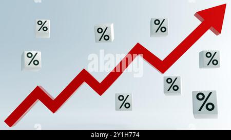 3d rendering of a red arrow pointing up and cubes with percentage symbols, suggesting something related to percentages, such as interest rates, inflat Stock Photo