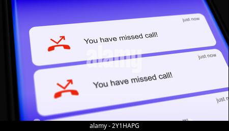 List of missed calls on smartphone screen, unanswered or dropped call scrolling notifications Stock Photo