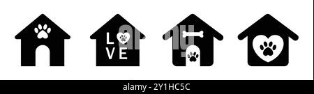 Doghouse icon with bone, love, heart and paw symbol set. Doghouse vector Icon set in black and white color. Vector illustration. Stock Vector