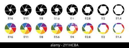 Camera lens diaphragm collection. Aperture icon symbol set in black and colors. Camera lens diaphragm row with aperture value numbers. Shutter camera Stock Vector