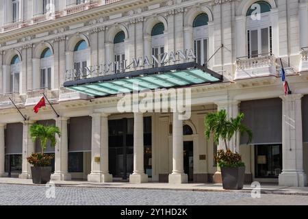 Havana, Cuba - September 12, 2020: Gran Hotel Manzana Kempinski La Habana is a luxury hotel located in the historic building Manzana de Gomez, Parque Stock Photo