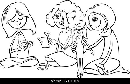 Cartoon illustration of cute girls with toy tea cups and doll playing house coloring page Stock Vector