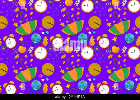 Vibrant back-to-school illustration featuring autumn leaves, school supplies, clocks, and educational symbols. Perfect for fall promotions. Stock Vector