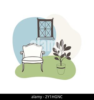 Cozy living room interior with stylish armchair and potted plants near large window in Provencal style setting, pastoral interior, simple doodle drawi Stock Vector