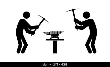 Set of stick figures with pickaxes, black mans silhouettes on a white background. Teamwork concept, vector illustration. Stock Vector