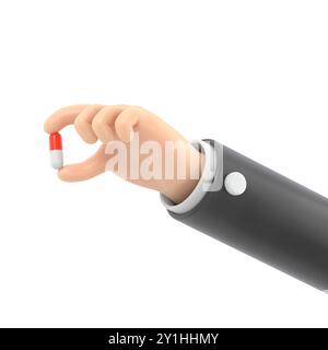 3d render. red white pill icon. Doctor or pharmacist cartoon hand with black skin holds small pill. Medical healthcare illustration. Pharmaceutical cl Stock Photo