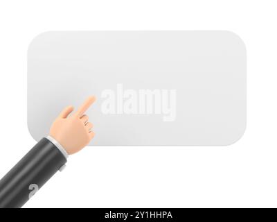 Flexible hand cartoon character businessman pointing finger on empty banner mockup,shows on board,placard or message. Funny clip art.3D rendering on w Stock Photo