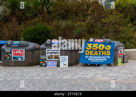 Bournemouth, Dorset, UK. 7th September 2024. Animal Rights campaigners protest outside the Bournemouth Oceanarium to collect signatures for their petition to close the Oceanarium down claiming 3506 deaths between 2018-2023. Credit: Carolyn Jenkins/Alamy Live News Stock Photo