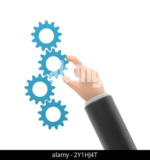 Cartoon Gesture Icon Mockup.Asset management concept. Set mechanism cogwheels. 3d illustration flat design. Businessman is holding a gear in hand. Stock Photo