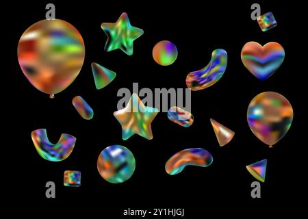 Balloon 3d color figure vector. Star and elements for design congratulations, poster.on black background Stock Vector
