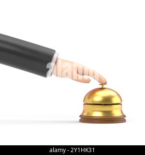 Male hand pressing service bell. Service bell,flat design style. 3d illustration. Customer at reception presses the call button. Bell hotel.3D renderi Stock Photo