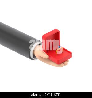 Proposal marriage.3d illustration isometric 3d design. Man is holding in hand an open box with a wedding ring and diamond.3D rendering on white backgr Stock Photo