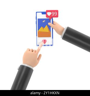 Social media app,press the button like images. Hand holding mobile smart phone. Smartphone with interface social network.3D rendering on white backgro Stock Photo