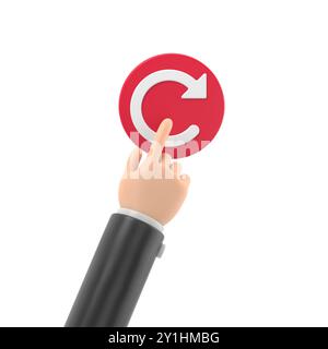 Reboot concept. Restarting technology. Hand to push big red button. 3d illustration flat design.3D rendering on white background. Stock Photo