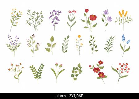 Collection of Flat Illustrated Floral Designs with Various Colored Flowers and Green Leaves Stock Vector
