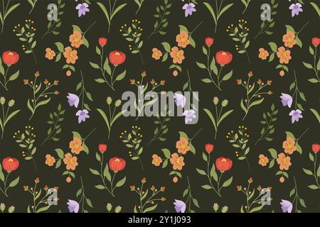 Floral Seamless Pattern Colorful flat style design on Dark Green Background Stock Vector