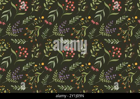 Repeating Pattern of Colorful Flowers and Green Leaves on a Dark Background Stock Vector