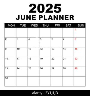 June 2025 Calendar. Week starts on Monday. Blank Calendar Template. Fits Letter Size Page. Stationery Design. Simple set calendar 2025. Monthly . Stock Vector