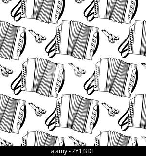 Folk musical instruments, accordion, accordion, wooden painted spoons, all objects are hand drawn in vector. Seamless vector pattern. Stock Vector