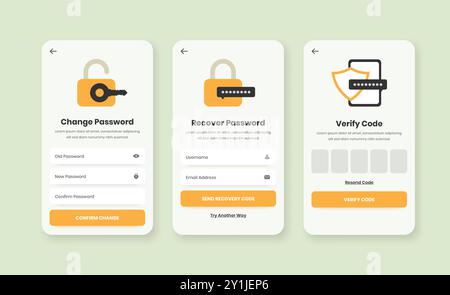 Password change, recover and verification mobile app ui elements design with minimalist illustration Stock Vector