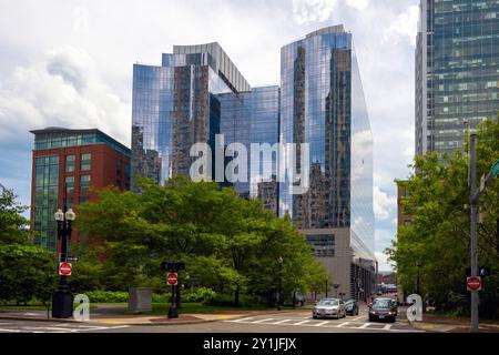 View of the Boston skyline from the Rose Kennedy Greenway park, in the downtown of the city of Boston, Massachusetts. Stock Photo