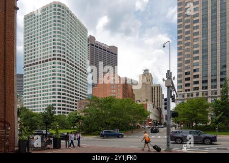 View of the Boston skyline from the Rose Kennedy Greenway park, in the downtown of the city of Boston, Massachusetts. Stock Photo