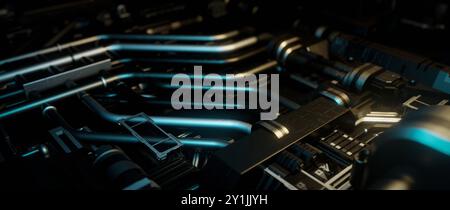 Abstract futuristic technology background with glowing blue tubes, metallic parts, and a complex network of wires and circuits. The image creates a se Stock Photo