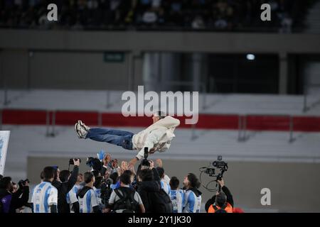 Buenos Aires, Argentina - September 5, 2024. The Argentine National Soccer Team squad celebrates Angel Di María, who announced his retirement from the Stock Photo