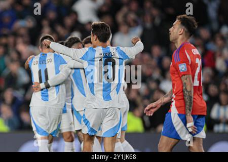 Buenos Aires, Argentina - September 5, 2024. Paulo Dybala (center) celebrates Argentina's 2nd goal during the match between Argentina and Chile. The A Stock Photo