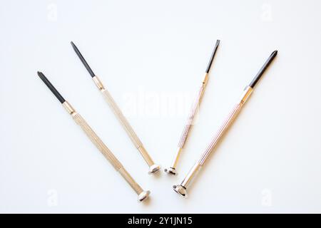 Set of four long screwdrivers isolated on white background. Tools and equipment for home and industrial repair or maintenance services. Stock Photo