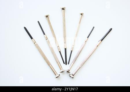 Set of seven long screwdrivers isolated on white background. Tools and equipment for home and industrial repair or maintenance services Stock Photo