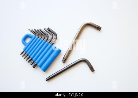Hex keys. Hexagonal L key set for mechanics, repair, maintenance and industrial work. Allen wrench tool kit for handyman or contractor. Hardware. Stock Photo
