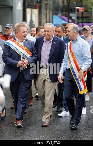 Ny, USA. 6th Sep, 2024. New York, USA, September 07, 2024: New York Senator Chuck Schumer. Despite the rainy weather, the 2024 Labor Day Parade on Fifth Avenue in New York City was filled with energy, vibrant floats, and resilient participants. New Yorkers showed up in full spirit, embracing the day with umbrellas in hand and smiles on their faces. The parade celebrated the contributions of workers while highlighting the city's diversity and solidarity. Photo: Luiz Rampelotto/EuropaNewswire. (Credit Image: © Luiz Rampelotto/ZUMA Press Wire) EDITORIAL USAGE ONLY! Not for Commercial USAGE! Stock Photo