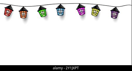 Hanging Christmas lantern style lights banner, bright Xmas lights background isolated on a white background Stock Vector