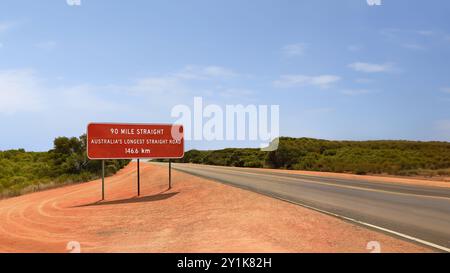 The Eyre Highway in Western Australia,  boasts the longest straight stretch of road in the world – 146 kilometres without a bend. Stock Photo