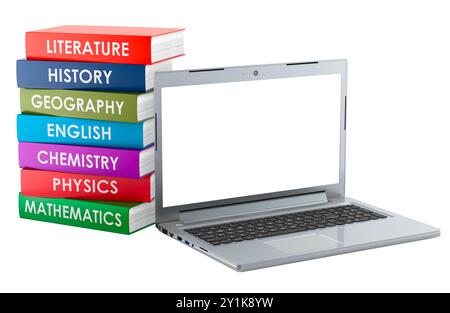 Stack of textbooks and laptop with white screen, 3D rendering isolated on white background Stock Photo