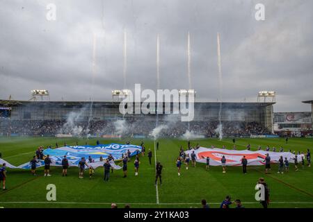 Warrington, UK. 07th Sep, 2024. Fire works are set off ahead of the Betfred Super League Round 25 match Warrington Wolves vs St Helens at Halliwell Jones Stadium, Warrington, United Kingdom, 7th September 2024 (Photo by Gareth Evans/News Images) in Warrington, United Kingdom on 9/7/2024. (Photo by Gareth Evans/News Images/Sipa USA) Credit: Sipa USA/Alamy Live News Stock Photo