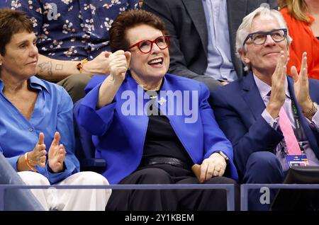 New York, United States. 07th Sep, 2024. Tennis legend Billie Jean King acknowledges cheers from the crowd as she watches the women's final match between Jessica Pegula and Aryna Sabalenka from Belarus in Arthur Ashe Stadium at the 2024 US Open Tennis Championships at the USTA Billie Jean King National Tennis Center in New York City on Saturday, September 7, 2024. Photo by John Angelillo/UPI Credit: UPI/Alamy Live News Stock Photo