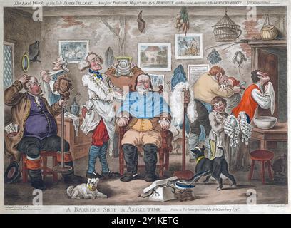 A  print coloured engraving of A barbers shop in assize time watercolour etching on paper  vintage 19th century created by H W Bunbury after the death of James Gillray antique print art artwork Stock Photo