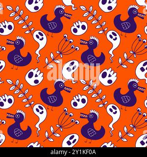 Halloween animals seamless skulls and ducks pattern for wrapping paper and fabrics and linens and kids clothes print and autumn party accessories. Hig Stock Photo