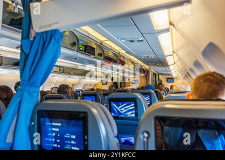 View of airplane economy class cabin, showing passengers seated comfortably while onboard entertainment screens are visible on seat backs. Sweden. Stock Photo